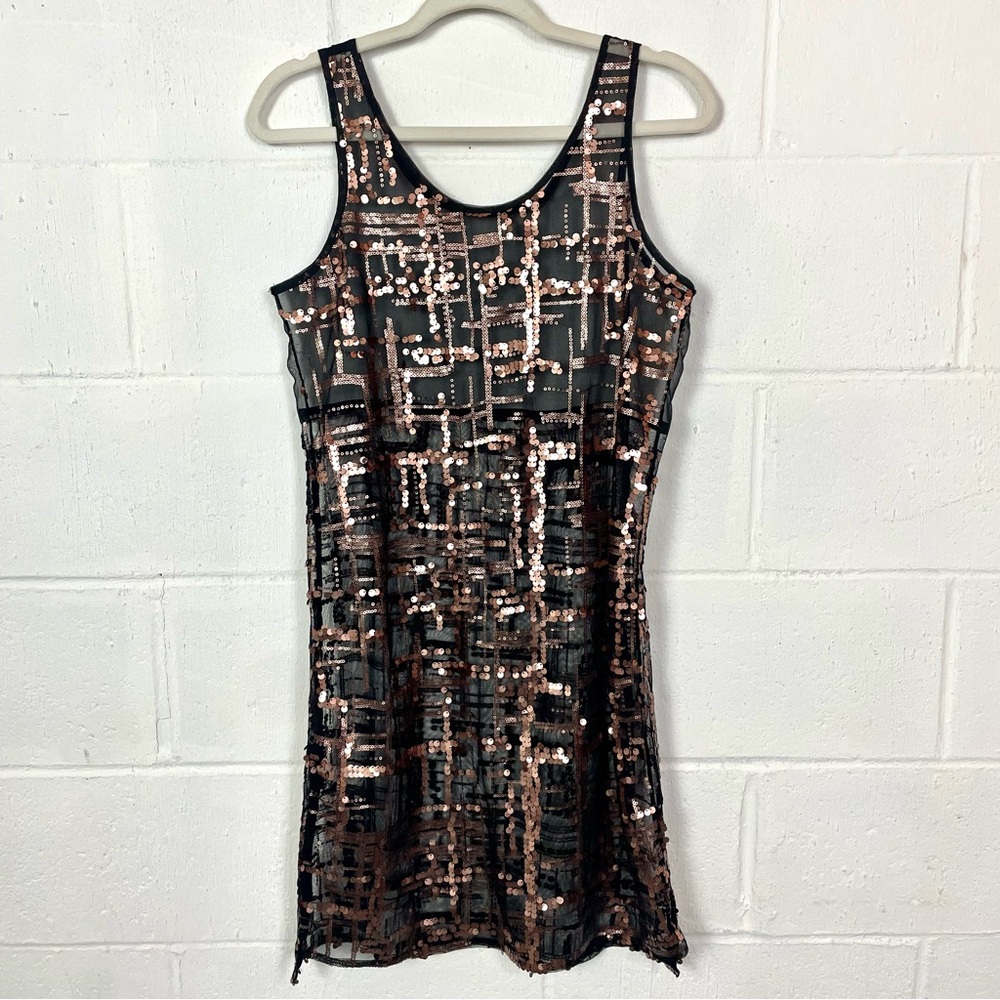 Black Sheer Sheath Tank Dress Copper/Gold Sequins Layers Whimsigoth Ethereal S